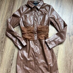 . Brown Textured Long Sleeve Dress